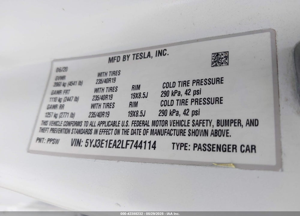 2020 TESLA MODEL 3 VIN: 5YJ3E1EA2LF744114