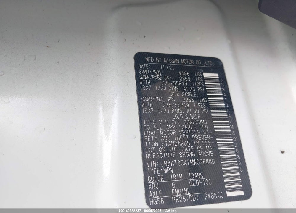 2021 NISSAN ROGUE VIN: JN8AT3CA7MW026880