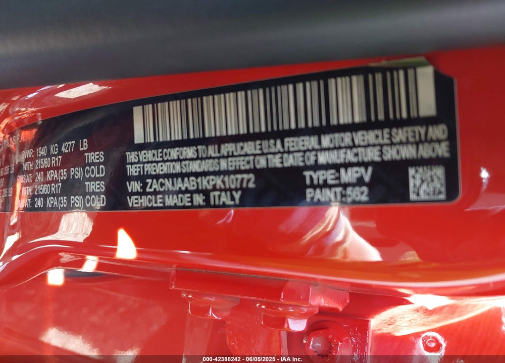 2019 JEEP RENEGADE VIN: ZACNJAAB1KPK10772