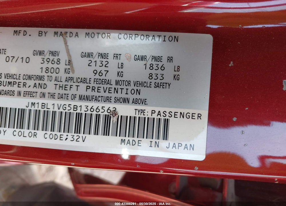 2011 MAZDA 3 VIN: JM1BL1VG5B1366562
