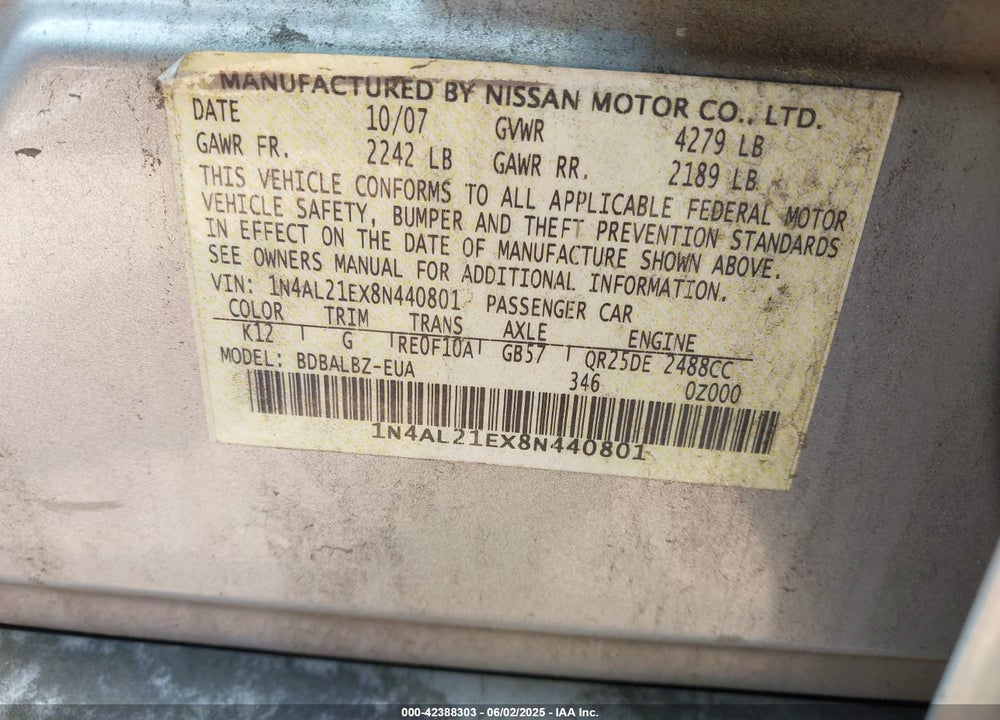 2008 NISSAN ALTIMA 2.5 S VIN: 1N4AL21EX8N440801