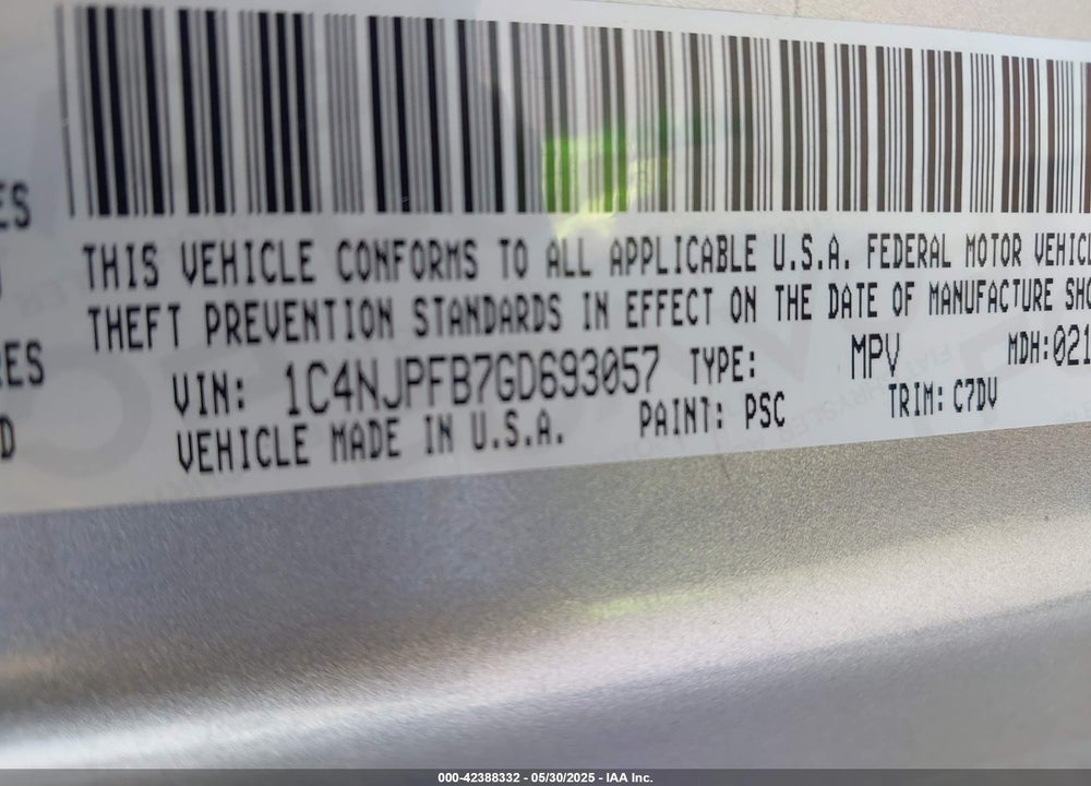 2016 JEEP PATRIOT VIN: 1C4NJPFB7GD693057