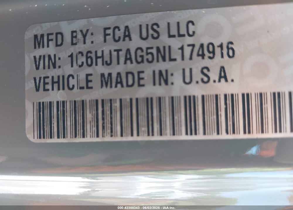 2022 JEEP GLADIATOR VIN: 1C6HJTAG5NL174916