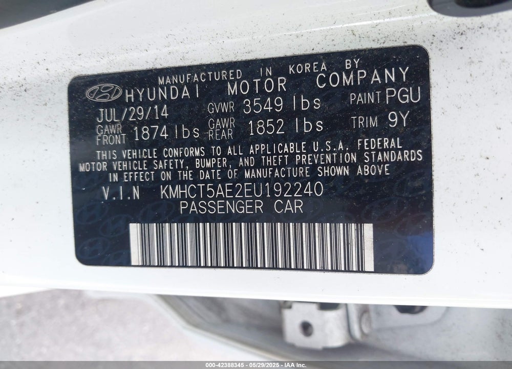 2014 HYUNDAI ACCENT VIN: KMHCT5AE2EU192240