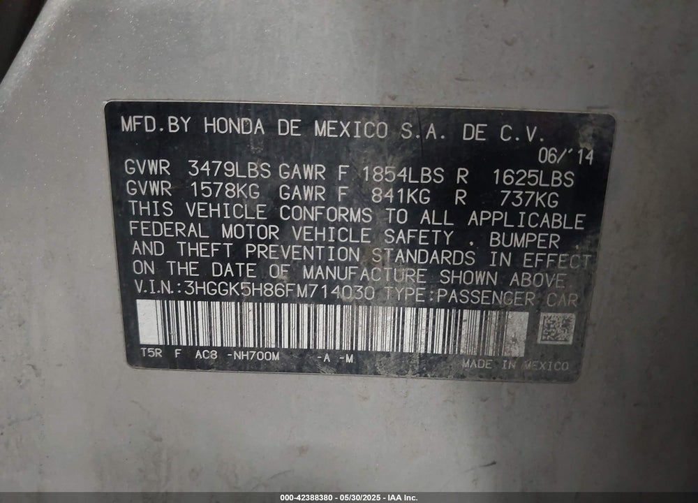 2015 HONDA FIT EX/EX-L VIN: 3HGGK5H86FM714030