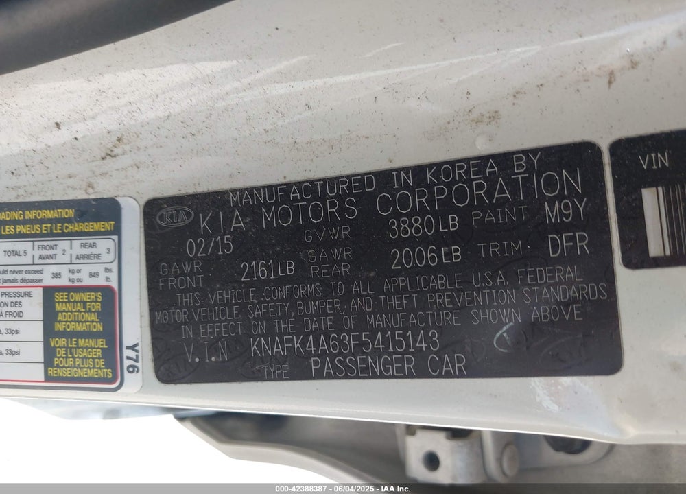 2015 KIA FORTE VIN: KNAFK4A63F5415143