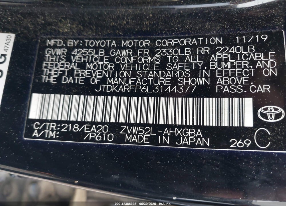 2020 TOYOTA PRIUS PRIME VIN: JTDKARFP6L3144377
