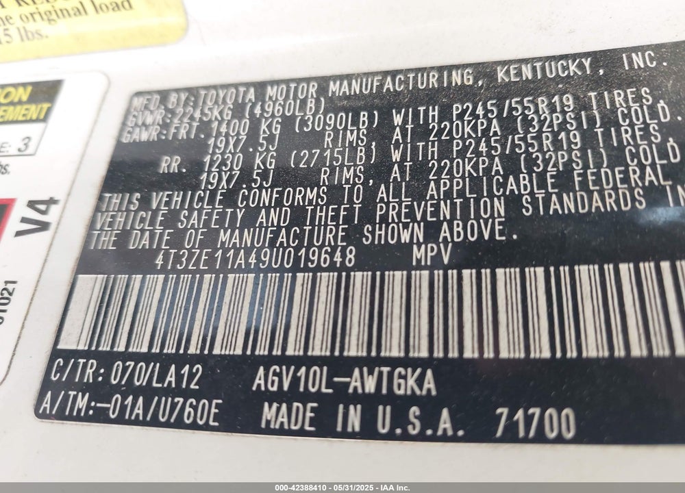 2009 TOYOTA VENZA VIN: 4T3ZE11A49U019648