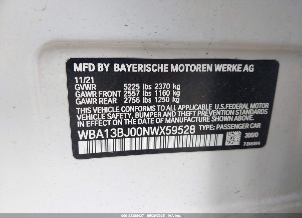 2022 BMW 5 SERIES VIN: WBA13BJ00NWX59528