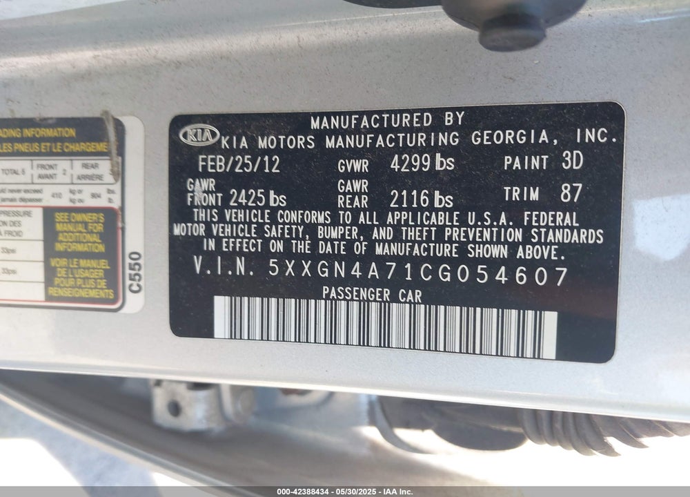 2012 KIA OPTIMA VIN: 5XXGN4A71CG054607