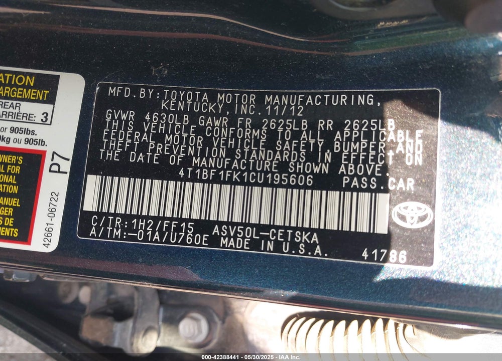 2012 TOYOTA CAMRY SE VIN: 4T1BF1FK1CU195606
