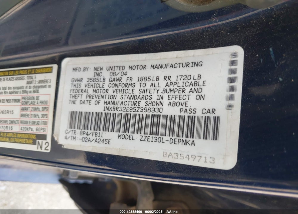 2005 TOYOTA COROLLA LE VIN: 1NXBR32E95Z398930