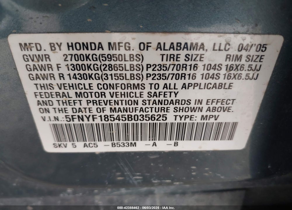 2005 HONDA PILOT EX-L VIN: 5FNYF18545B035625