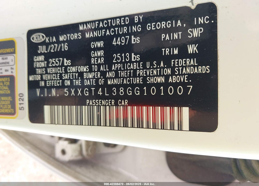 2016 KIA OPTIMA VIN: 5XXGT4L38GG101007