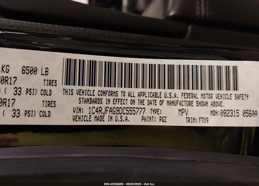 2013 JEEP GRAND CHEROKEE VIN: 1C4RJFAG9DC555777