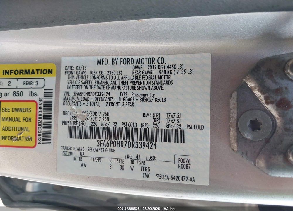 2013 FORD FUSION SE VIN: 3FA6P0HR7DR339424