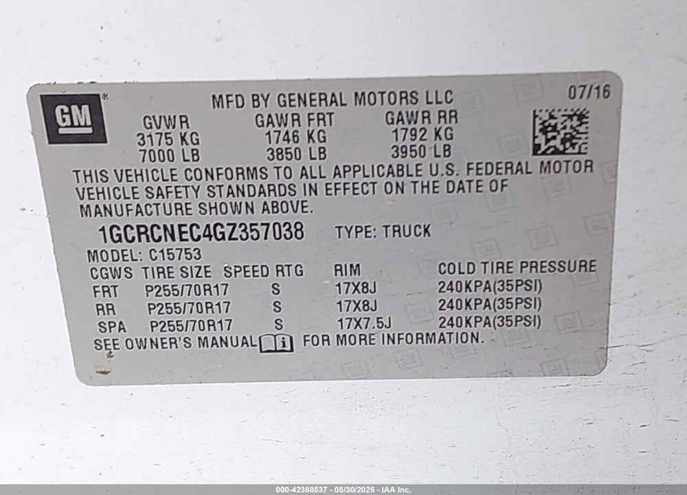 2016 CHEVROLET SILVERADO 1500 VIN: 1GCRCNEC4GZ357038