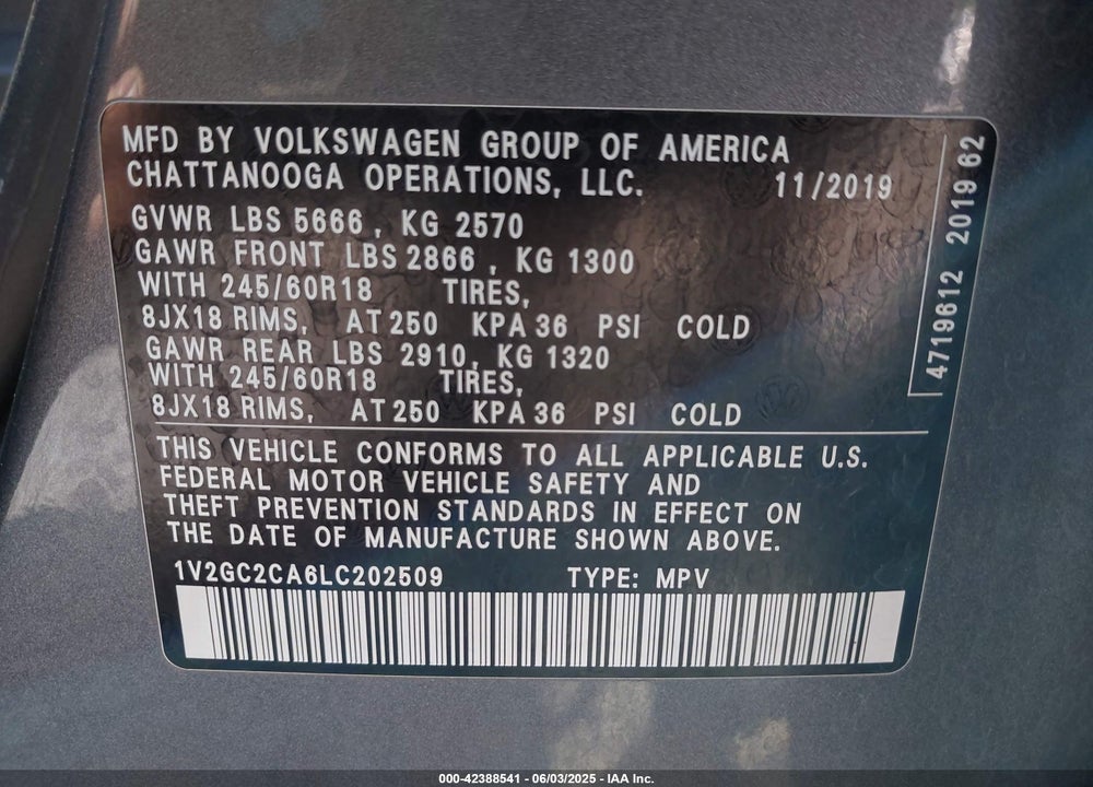 2020 VOLKSWAGEN ATLAS CROSS SPORT VIN: 1V2GC2CA6LC202509
