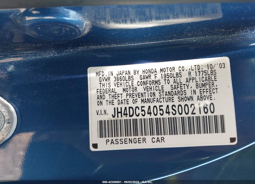 2004 ACURA RSX TYPE-S VIN: JH4DC53054S002160