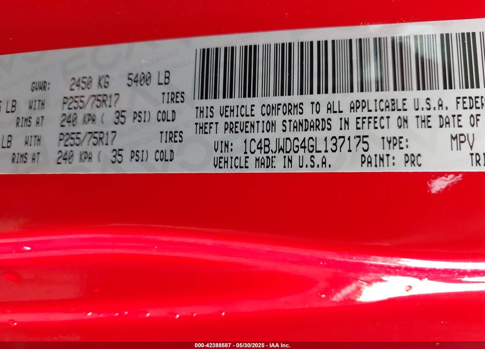 2016 JEEP WRANGLER UNLIMITED VIN: 1C4BJWDG4GL137175