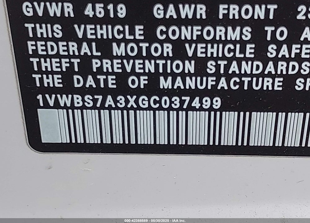 2016 VOLKSWAGEN PASSAT VIN: 1VWBS7A3XGC037499