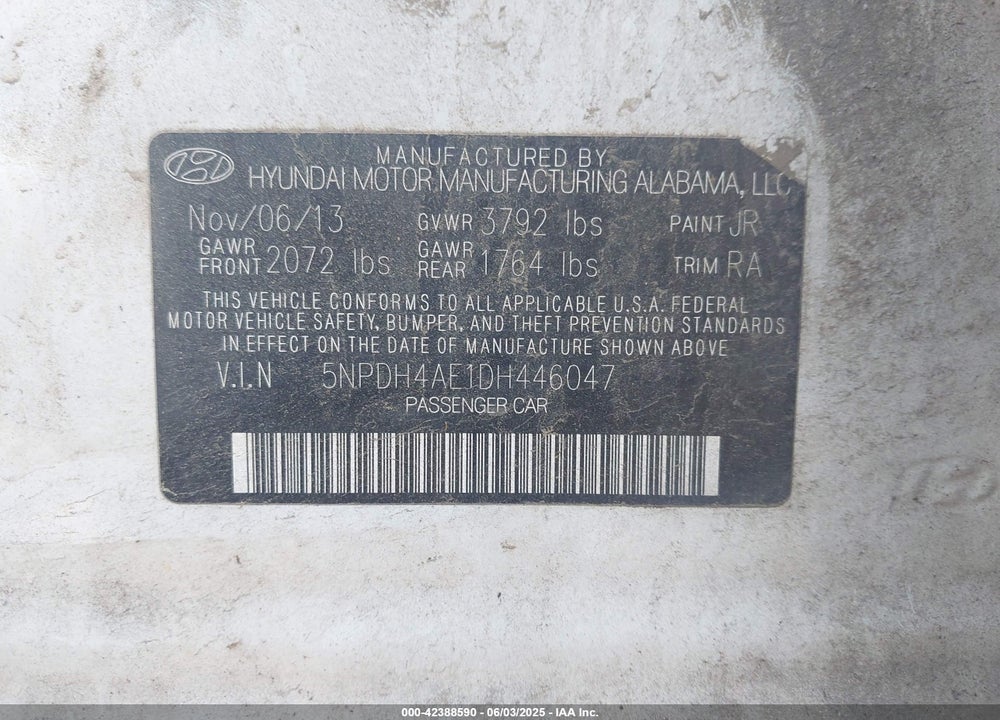 2013 HYUNDAI ELANTRA GLS VIN: 5NPDH4AE1DH446047