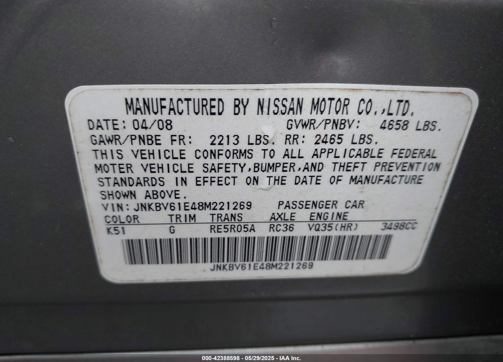 2008 INFINITI G35 JOURNEY VIN: JNKBV61E48M221269