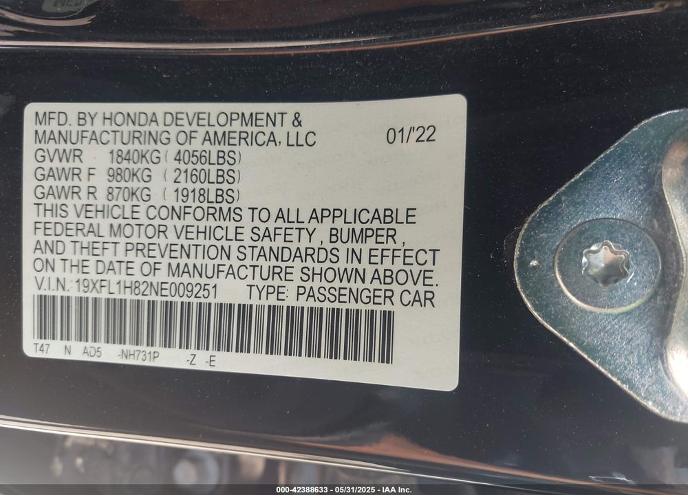 2022 HONDA CIVIC VIN: 19XFL1H82NE009251