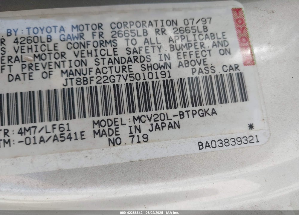 1997 LEXUS ES 300 VIN: JT8BF22G7V5010191