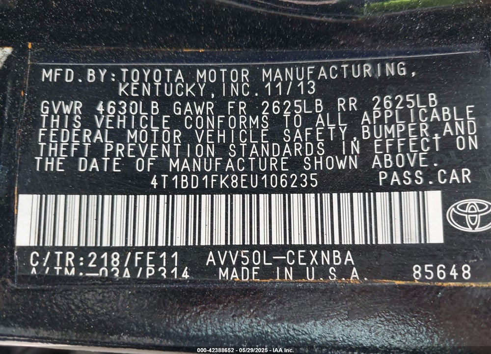 2014 TOYOTA CAMRY HYBRID VIN: 4T1BD1FK8EU106235