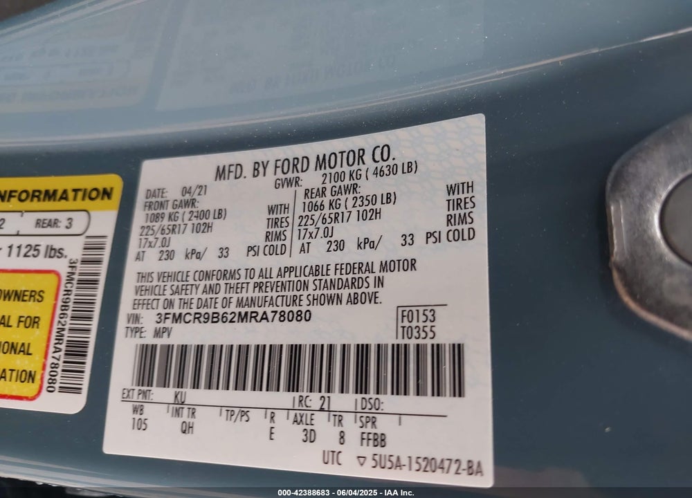 2021 FORD BRONCO SPORT VIN: 3FMCR9B62MRA78080