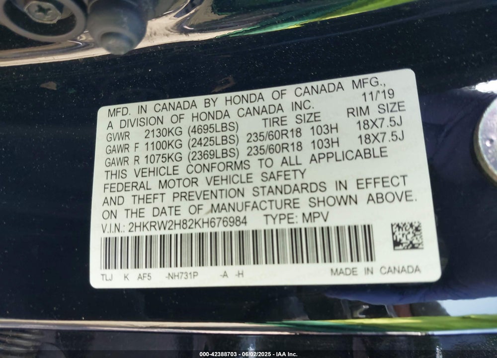 2019 HONDA CR-V VIN: 2HKRW2H82KH676984