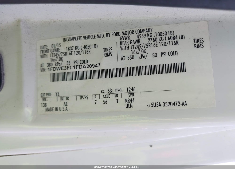 2015 FORD E-350 CUTAWAY VIN: 1FDWE3FL1FDA20947