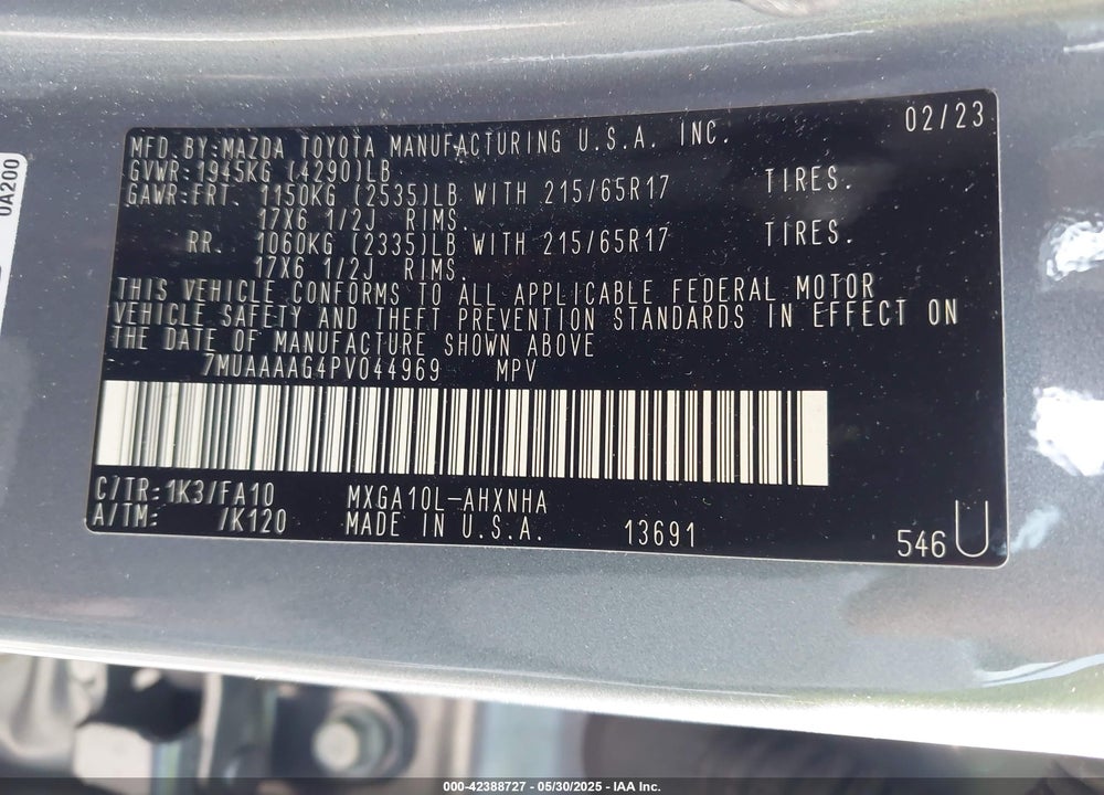 2023 TOYOTA COROLLA CROSS VIN: 7MUAAAAG4PV044969