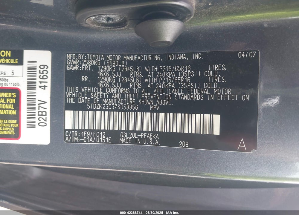 2007 TOYOTA SIENNA LE VIN: 5TDZK23C37S058856