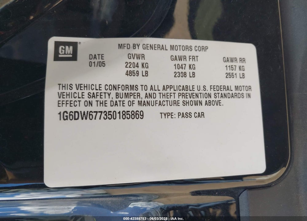 2005 CADILLAC STS V6 VIN: 1G6DW677350185869