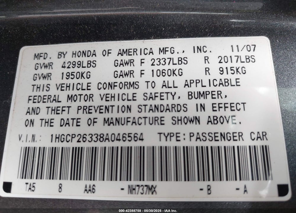 2008 HONDA ACCORD VIN: 1HGCP26338A046564
