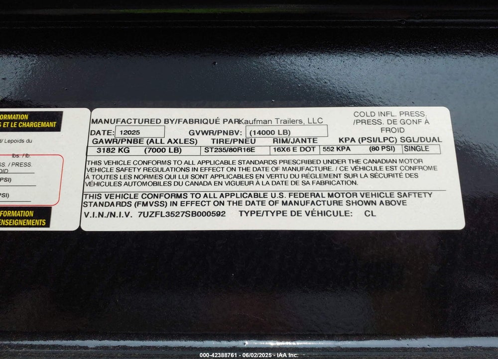 2025 KAUFMAN TRAILERS DETACHABLE NECK TRAILER VIN: 7UZFL3527SB000592