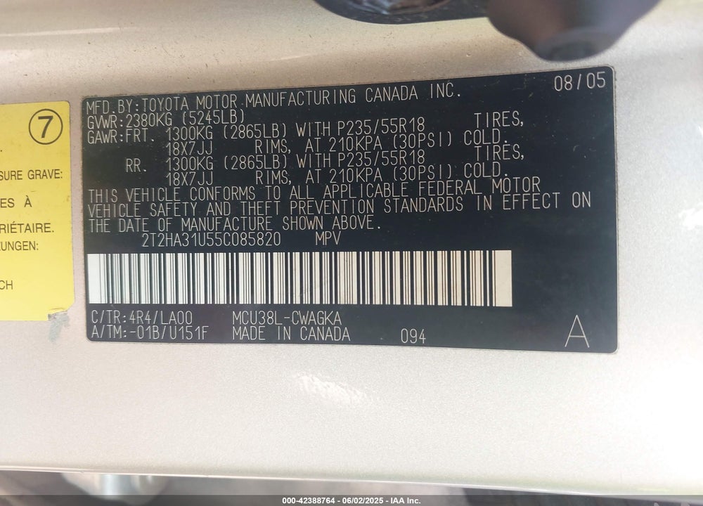 2005 LEXUS RX 330 VIN: 2T2HA31U55C085820