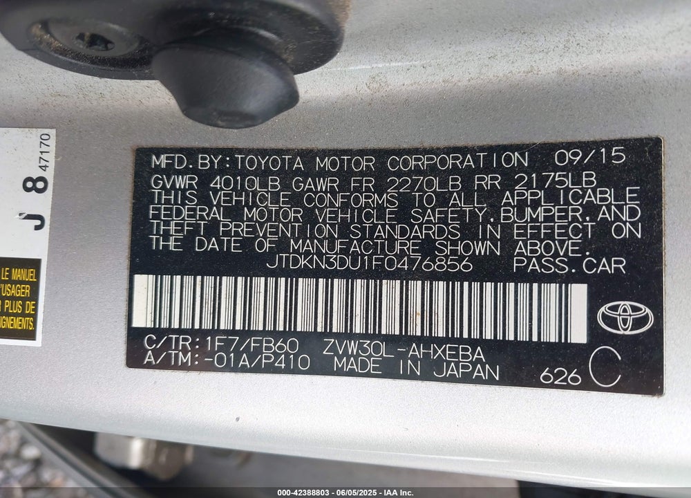 2015 TOYOTA PRIUS VIN: JTDKN3DU1F0476856