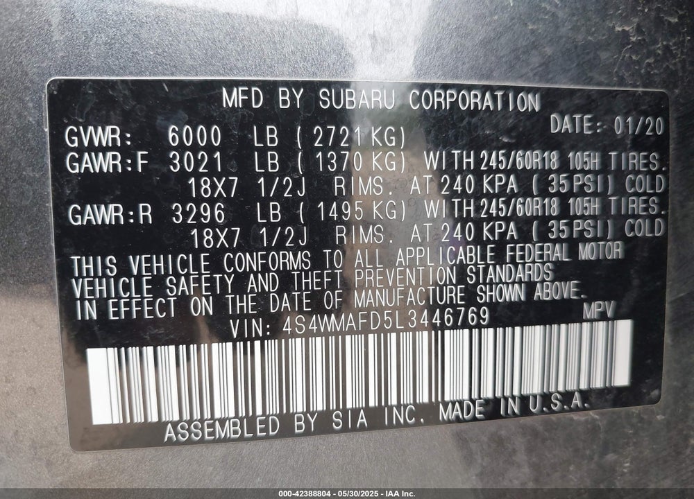 2020 SUBARU ASCENT VIN: 4S4WMAFD5L3446769