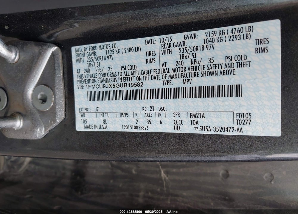2016 FORD ESCAPE VIN: 1FMCU9JX5GUB19582