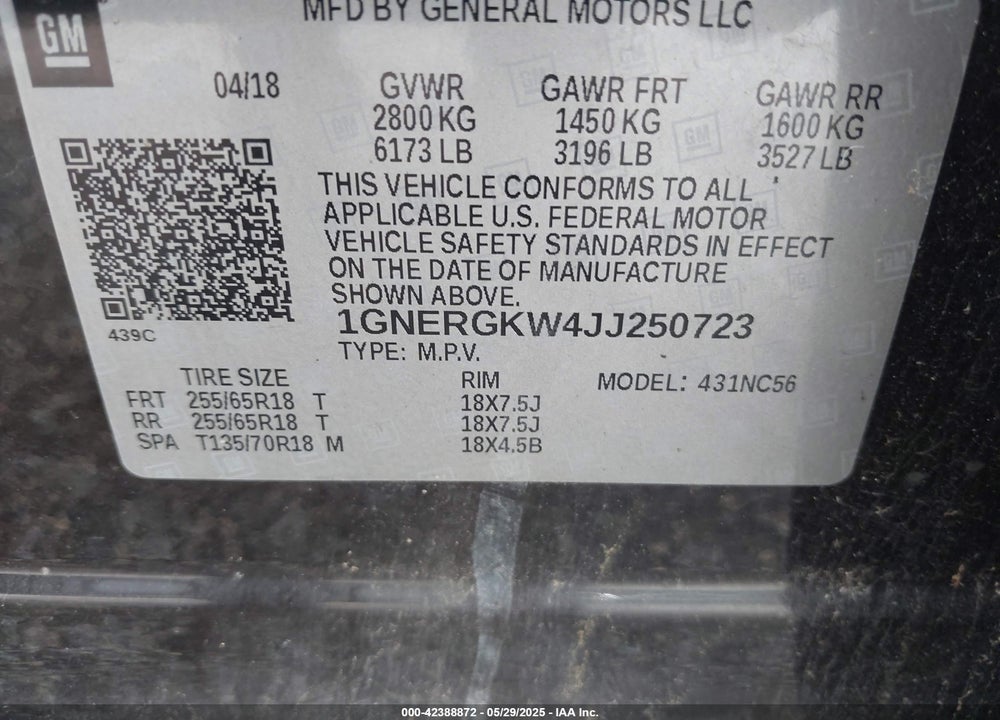 2018 CHEVROLET TRAVERSE VIN: 1GNERGKW4JJ250723