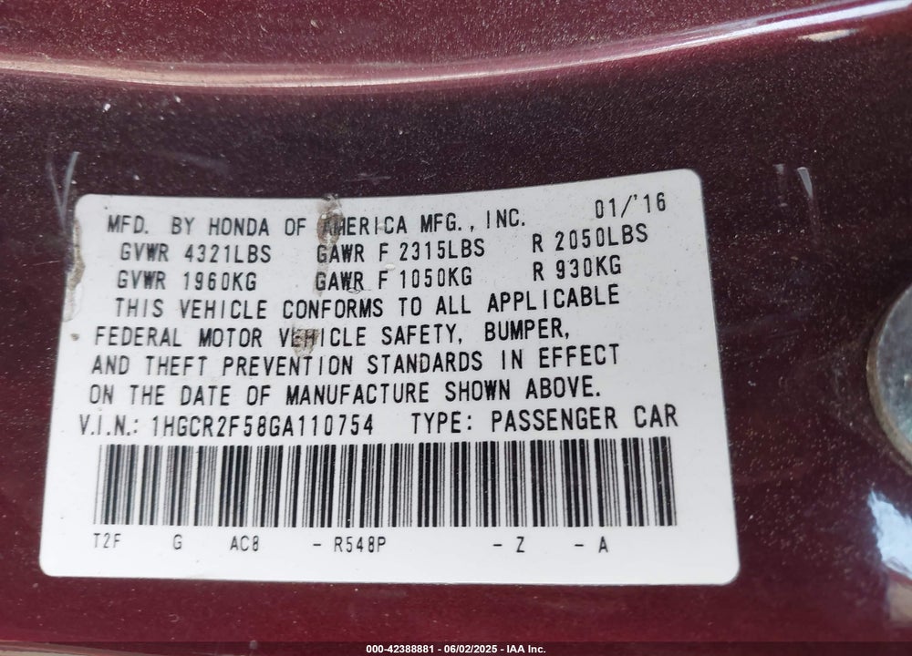 2016 HONDA ACCORD SPORT VIN: 1HGCR2F58GA110754