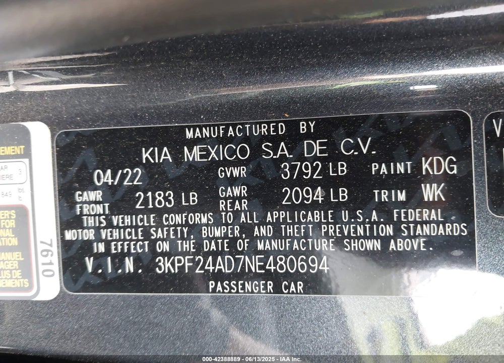 2022 KIA FORTE VIN: 3KPF24AD7NE480694