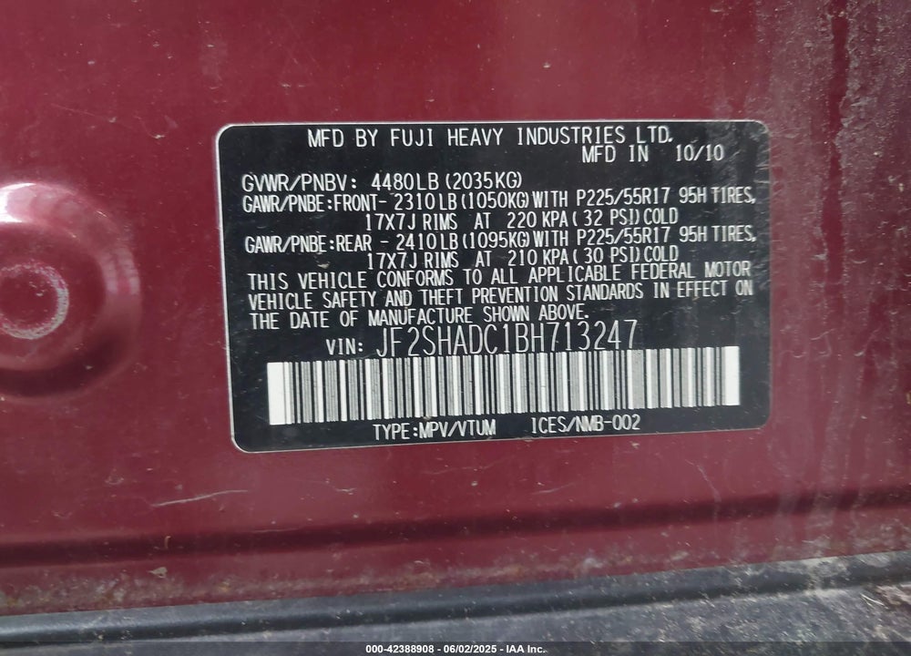 2011 SUBARU FORESTER 2.5X PREMIUM VIN: JF2SHADC1BH713247