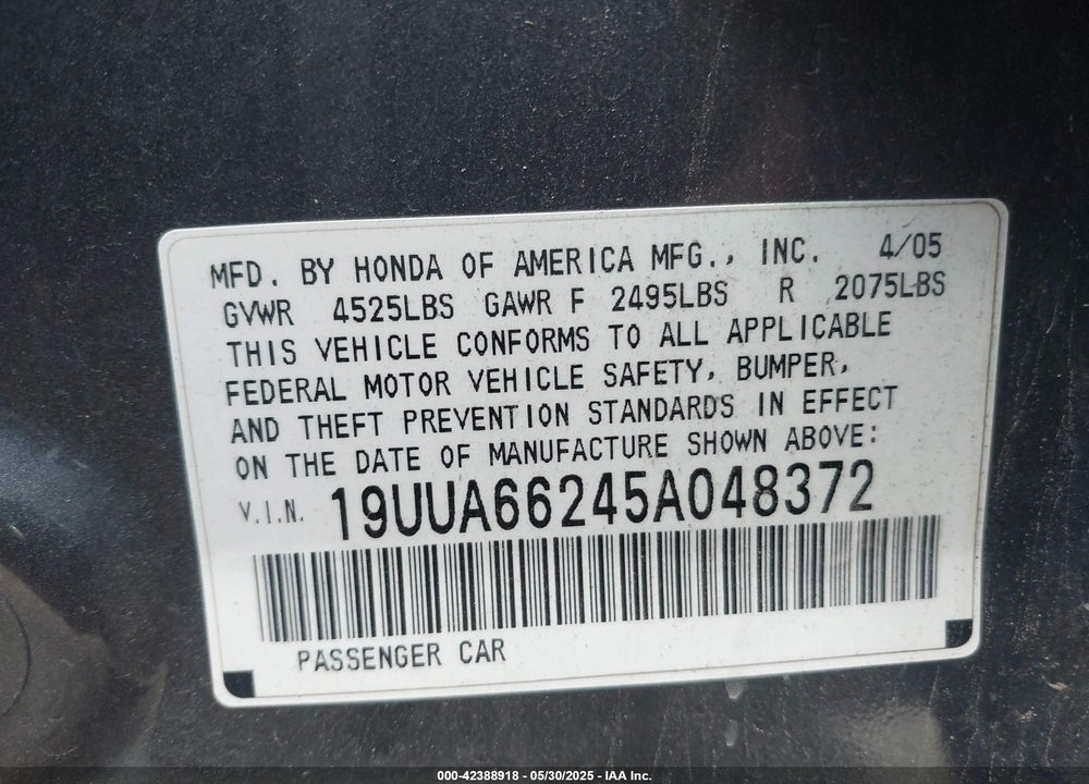 2005 ACURA TL VIN: 19UUA66245A048372