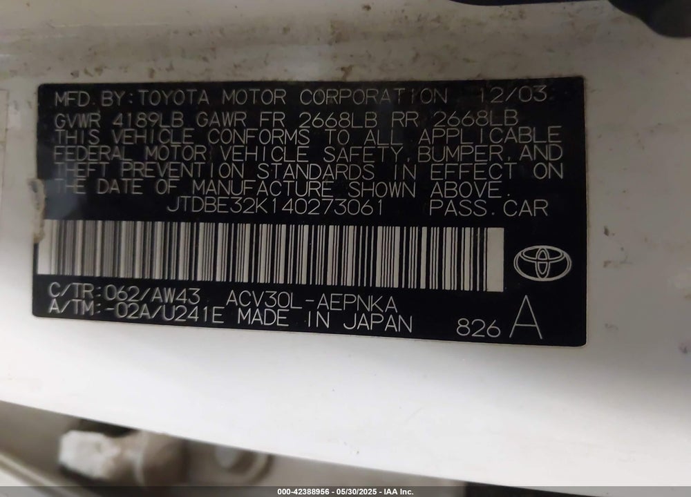 2004 TOYOTA CAMRY LE VIN: JTDBE32K140273061