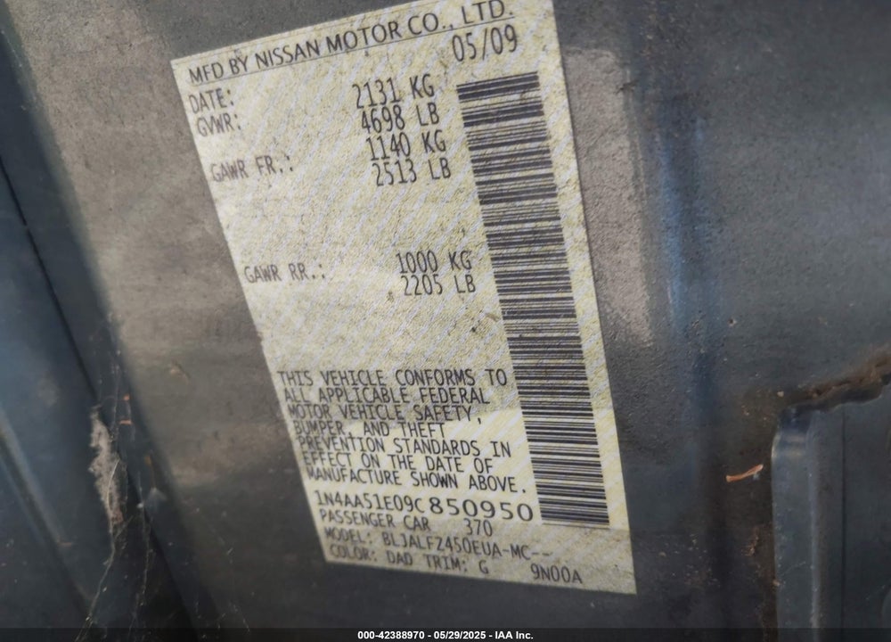 2009 NISSAN MAXIMA 3.5 SV VIN: 1N4AA51E09C850950