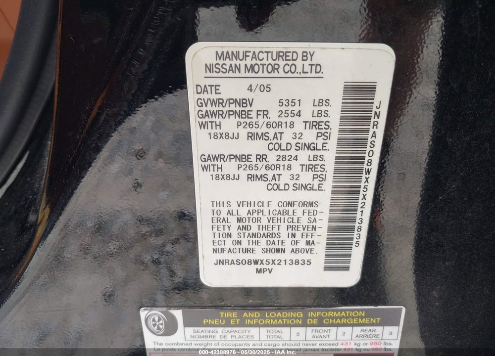 2005 INFINITI FX35 VIN: JNRAS08WX5X213835